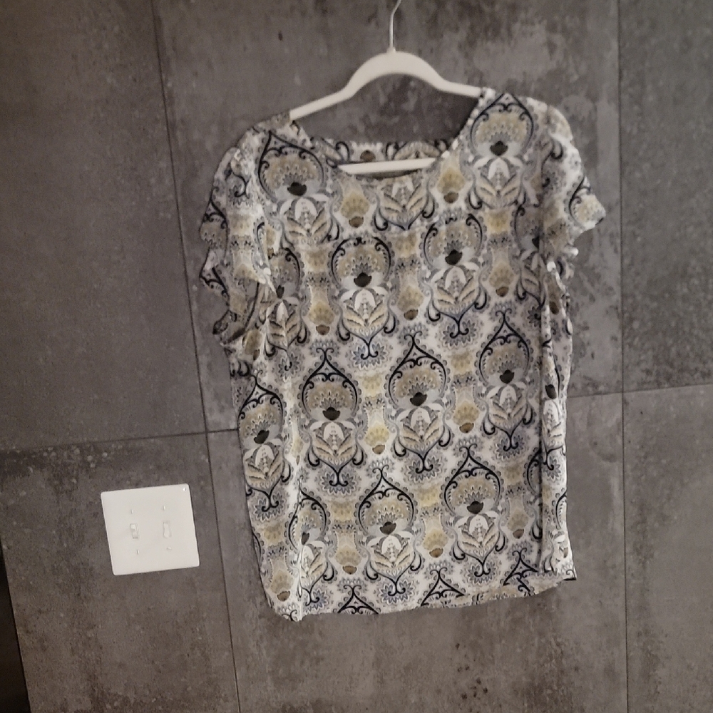 LOFT Navy, Yellow and Cream Patterned Blouse